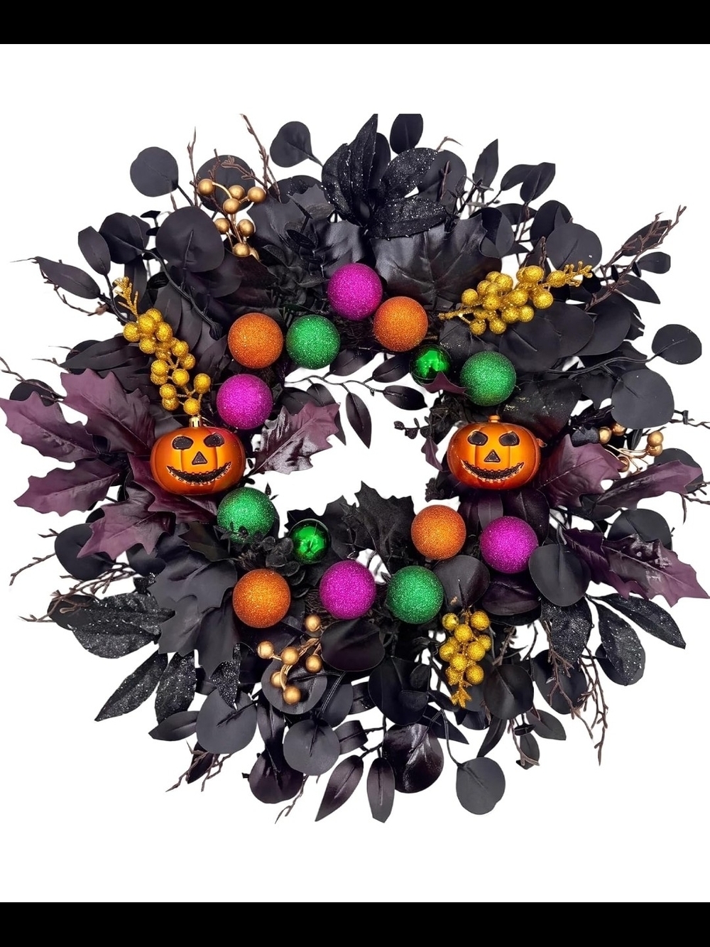 Halloween Black Wreath with Orange Jack-o'-Lanterns and Bright Ornaments